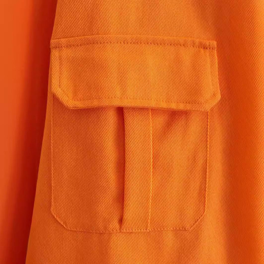 Oversized Loose Orange Imitation Denim Single-breasted Large Pocket Long Sleeve Women's Shirt
