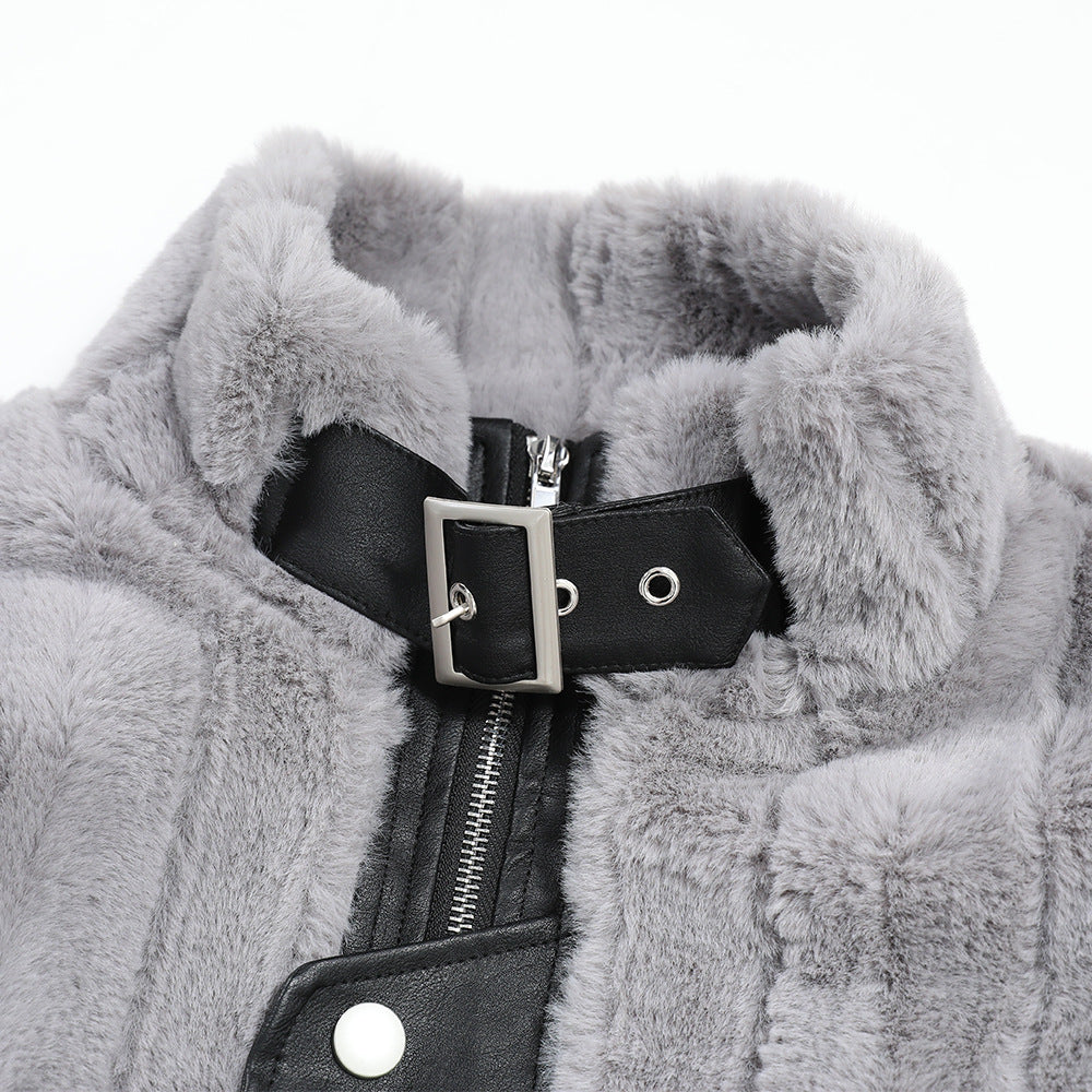 Pocket Color Contrast Patchwork Pu Lamb Wool Stand Collar Coat