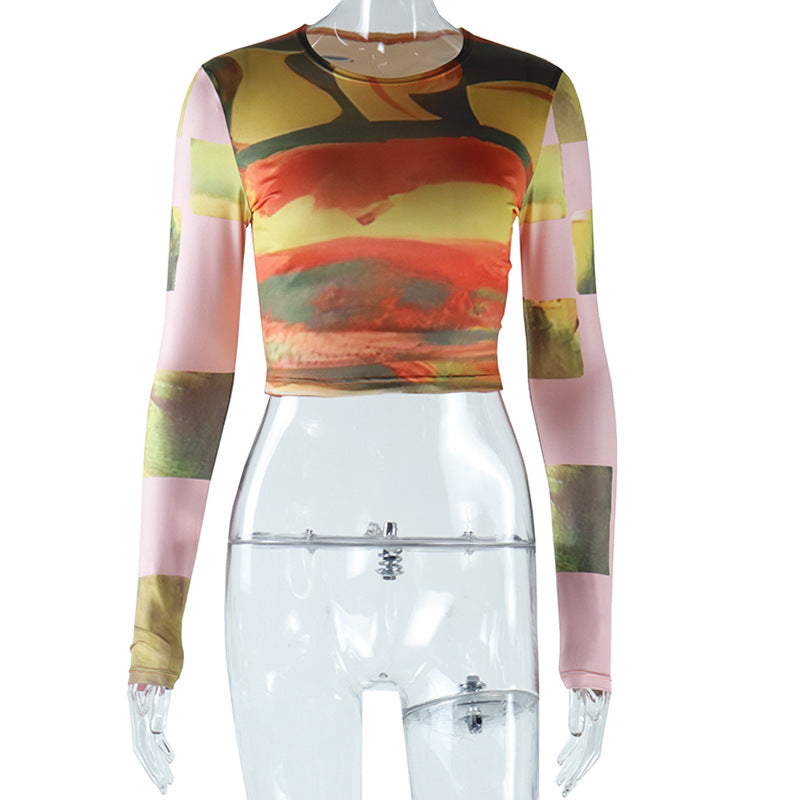 Fashion Tie-dye Printed Round Neck Long Sleeves Cropped Top T-shirt