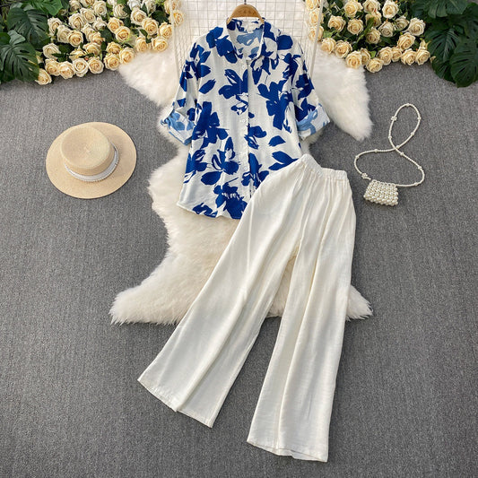 Raglan-sleeve Sun-protective Shirt High-waiste Slimming Wide-leg Pants
