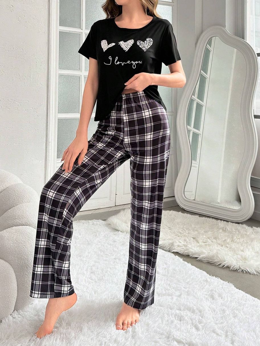 Home Round Neck Printed Short Sleeve T-shirt Top And Trousers Suit