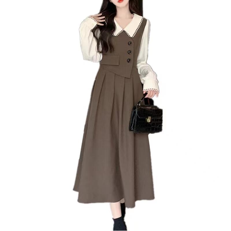 Womens French-Style Retro Patchwork Mock Two-Piece Dress