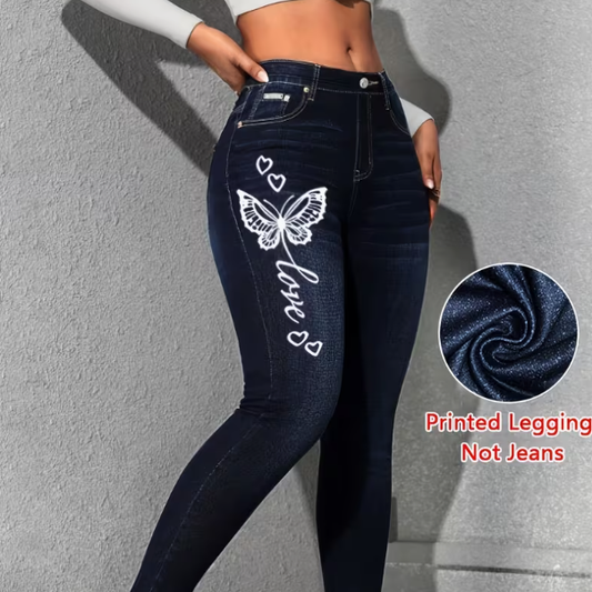 Ladies' Faux Denim Print Skinny Leggings