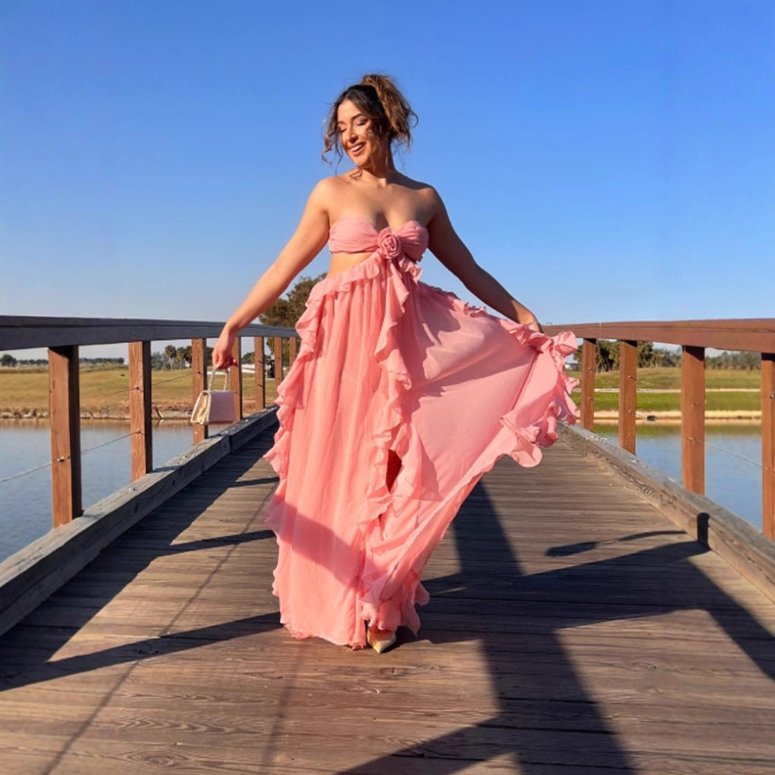 Spliced Ruffle-Trimmed Strapless Resort Long Chiffon Dress