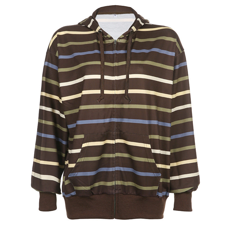 Fashion Stripe Printed Loose Hooded Sweater