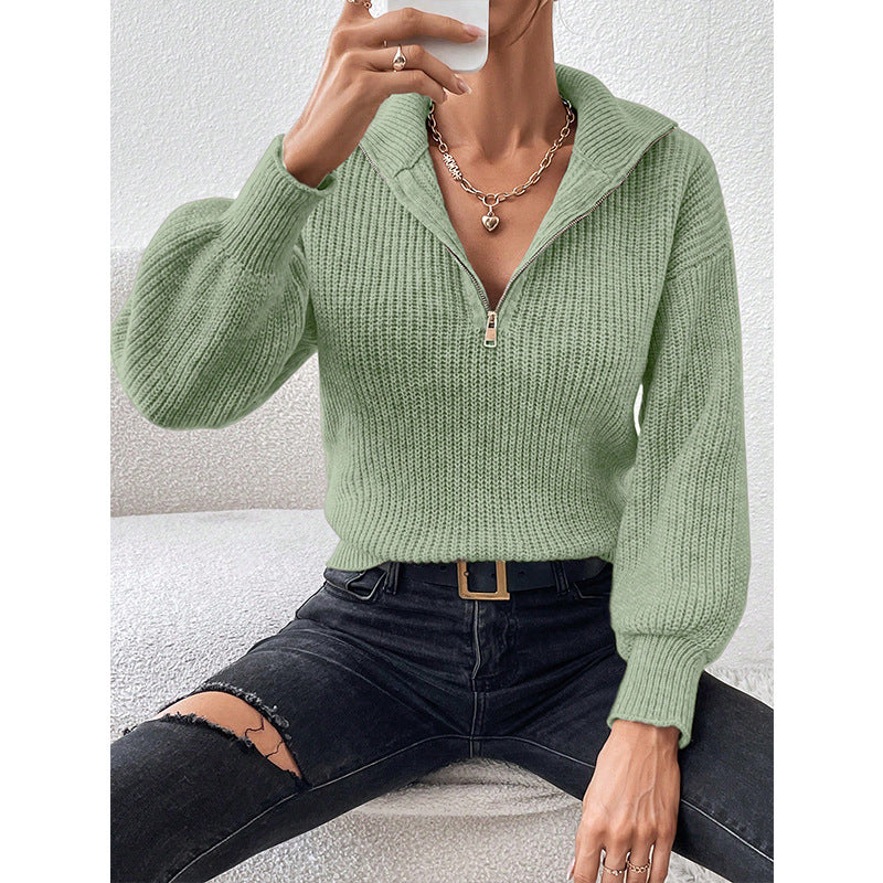 Women's Zipper Pullover Solid Color Loose Casual Long Sleeves Sweater