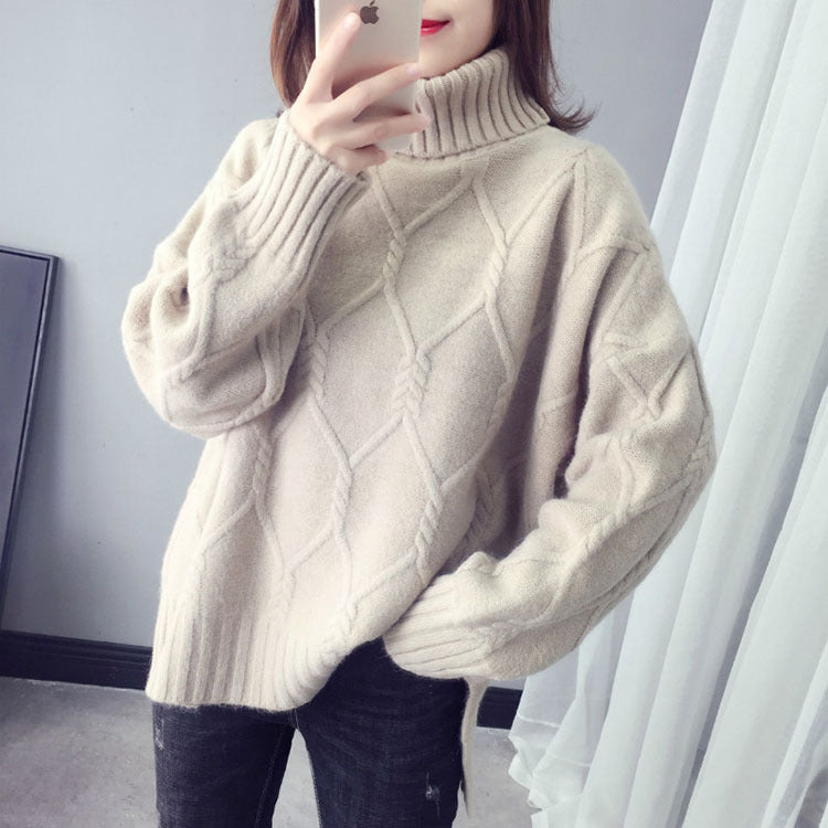 Cable-knit Sweater Women's Lapel Long Sleeve Diamond Lattice