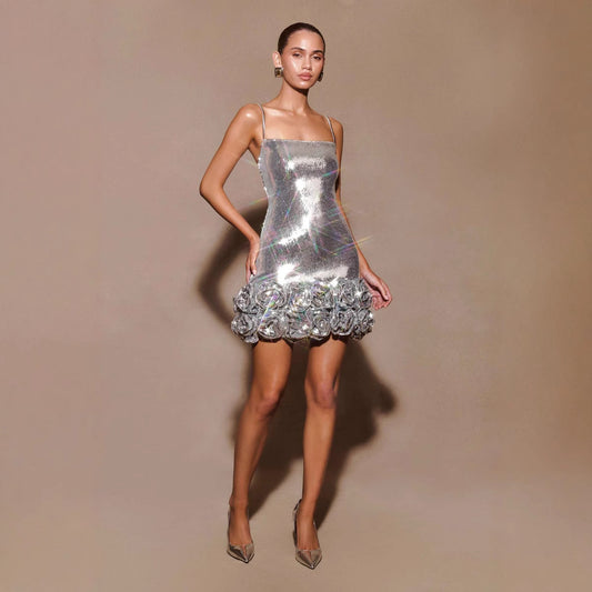 Silver Spaghetti-strap Sequin Bodycon Mini Dress With Floral Embellishments At The Hem