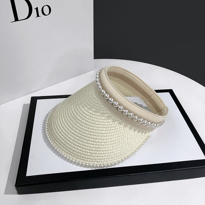 Empty Top Sunshade Pearl Straw Hat Women Lace