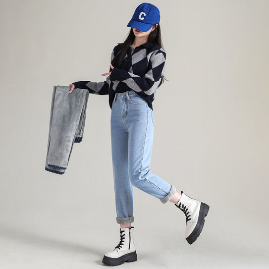 Højtaljede tykke fleeceforede jeans til kvinder, lige model