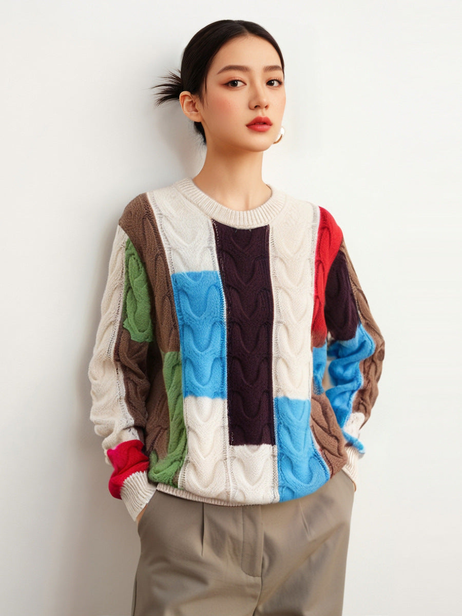 Contrast Color Round Neck Pullover Knitting Long Sleeve Outer Wear Blouse