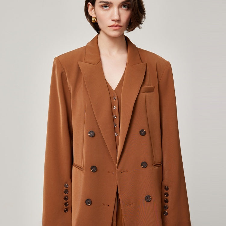 Brown Retro Spaghetti Straps Vest Double Breasted Suit Coat Set
