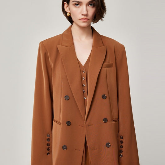 Brown Retro Spaghetti Straps Vest Double Breasted Suit Coat Set
