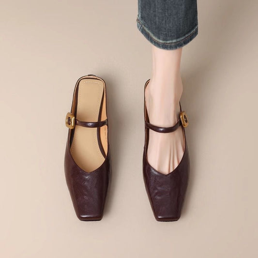 Women's Retro Square-Toe Chunky-Heel Closed-Toe Half Slippers