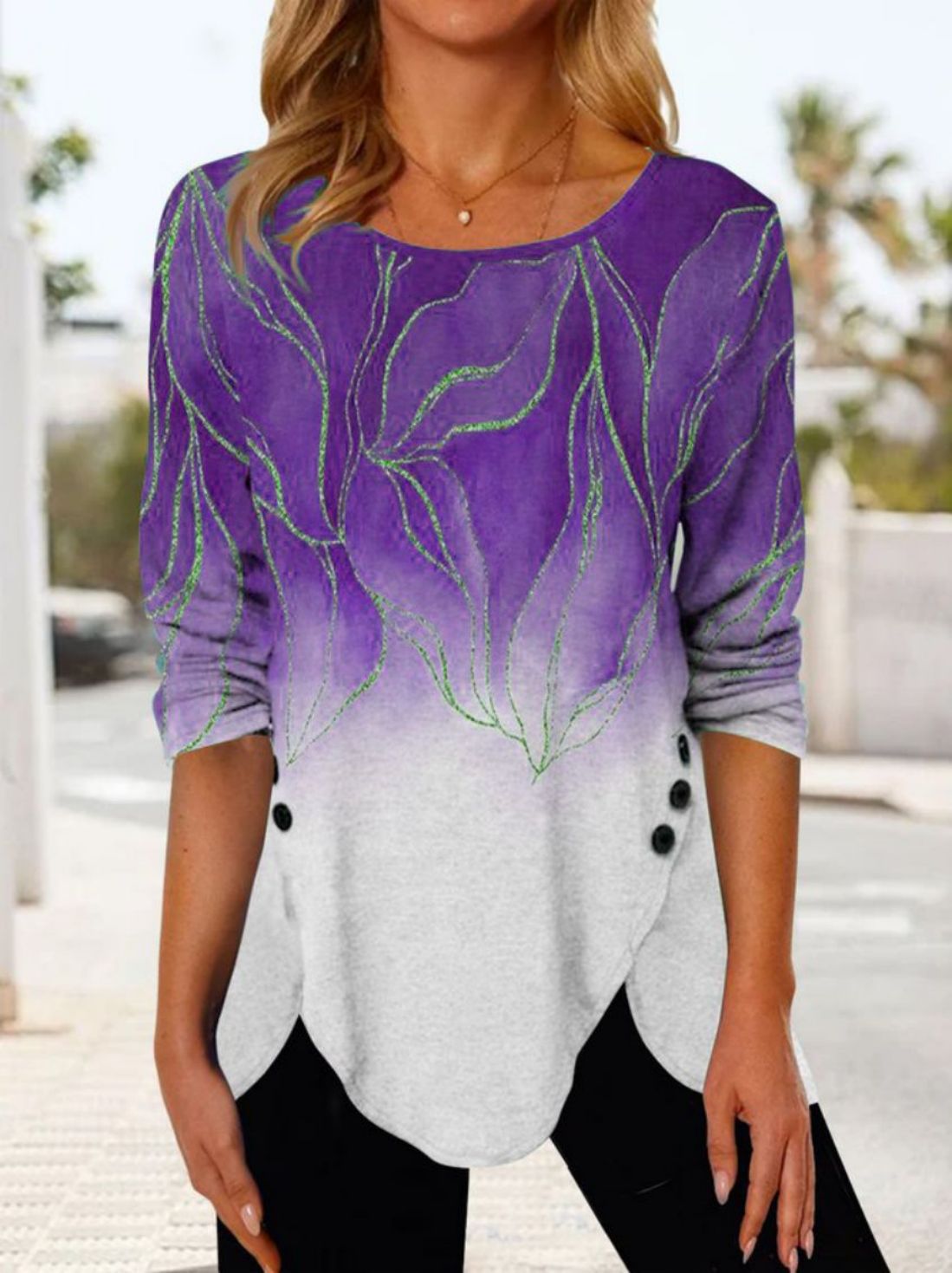 Printed Buttons Irregular Hem Crew Neck Mid Sleeve T-Shirt