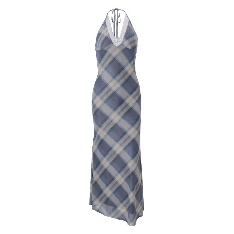 Womens Fashionable And Sexy Lace Plaid Dress