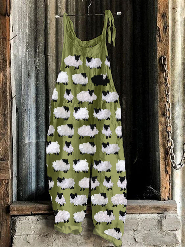 Women's Suspended Pants Sweet Printed Vintage Suspender Pants