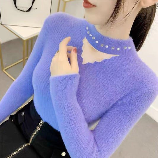 Lace Collar Hollow-out Rhinestone Pullover Sweater