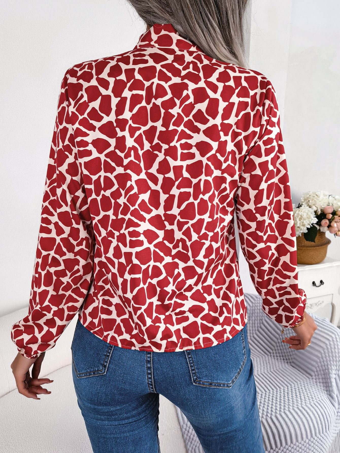 Women's Elegant Color Block Tie Waist Lantern Sleeve Chiffon Top