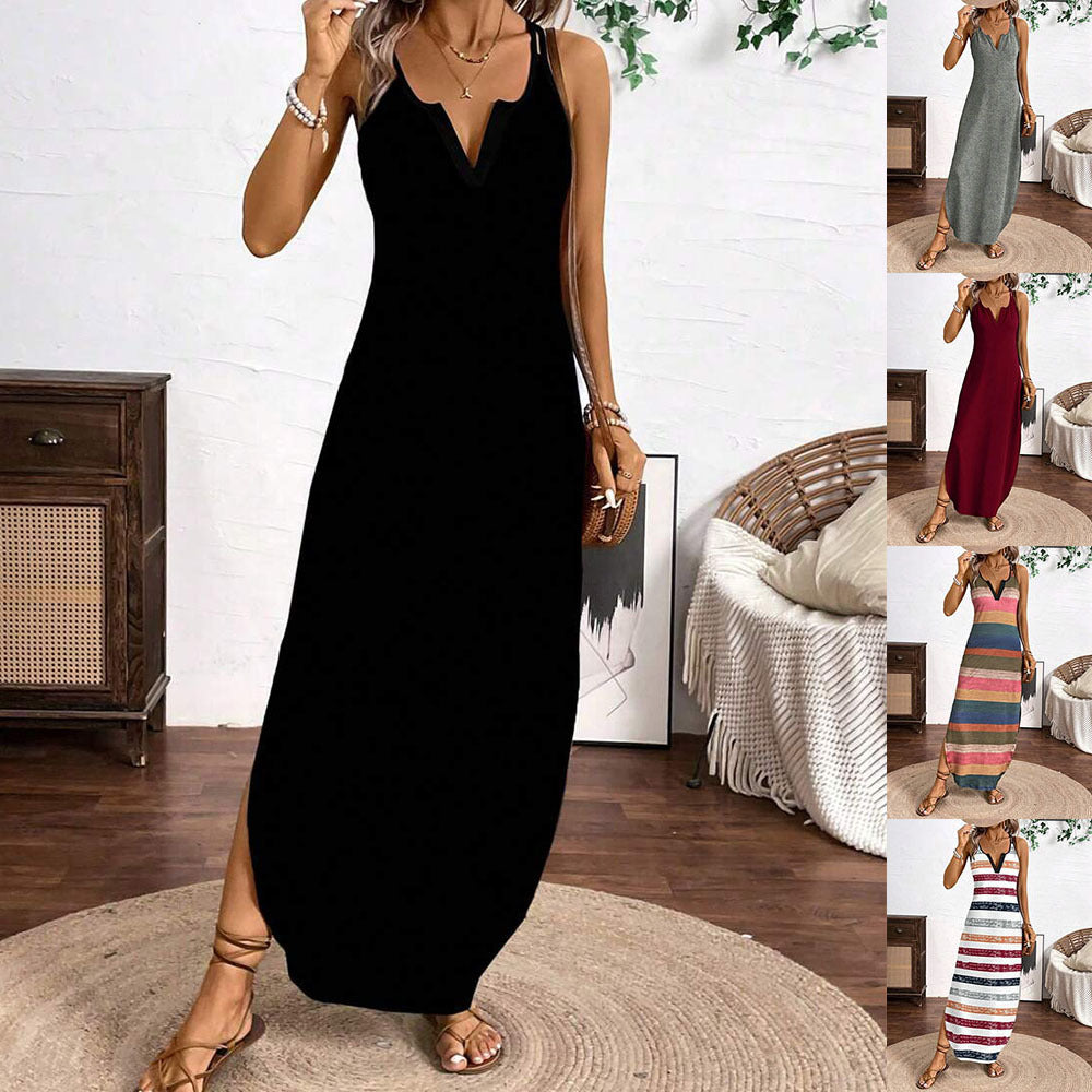 Summer New Sleeveless Strappy Striped Printed Maxi Dress