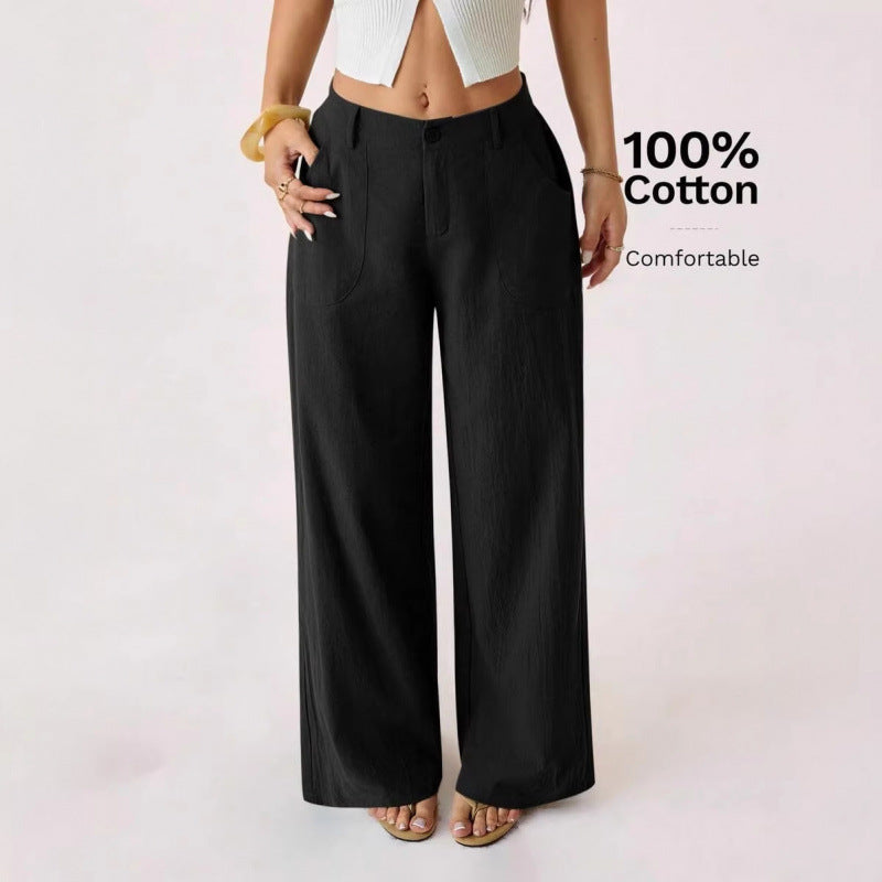 New Cotton-linen Womens Mid-rise Casual Commuter Wide-leg Pants