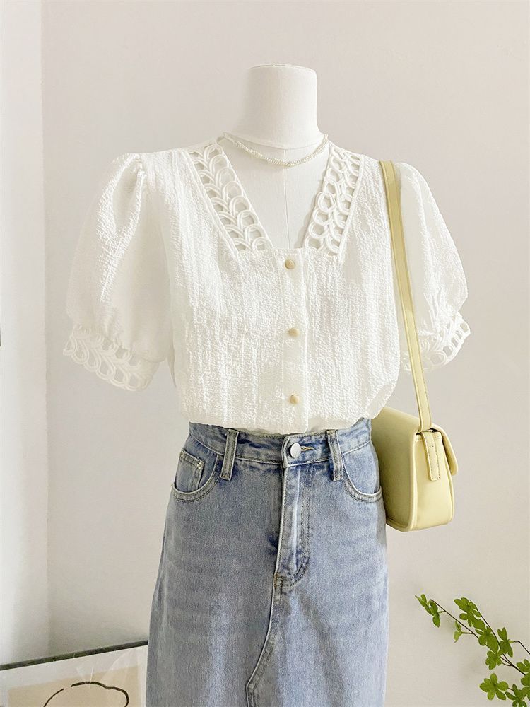 Design Sense Niche Lace Sweet Chic French Puff Sleeve Top