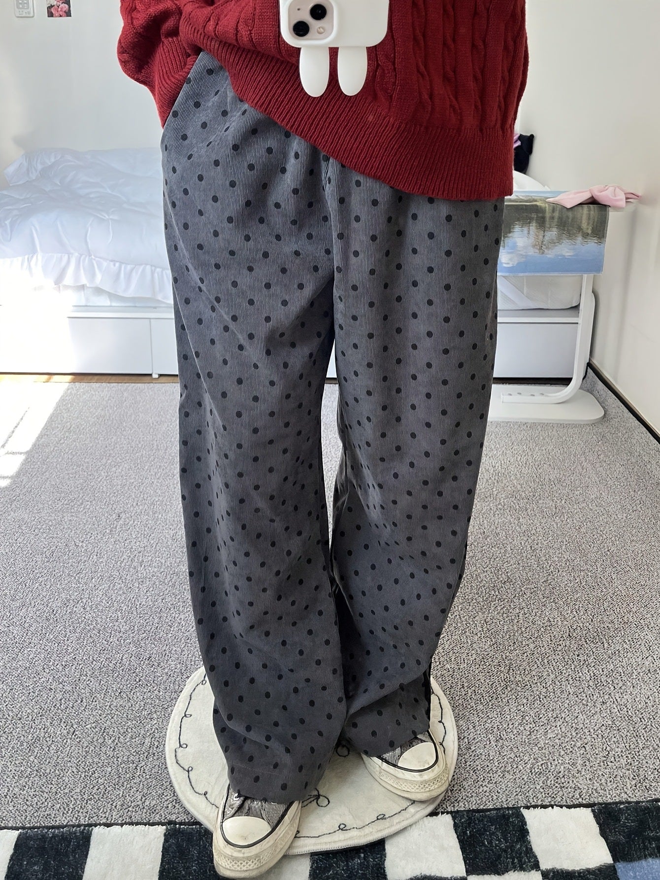 Thin Outer Wear Polka Dot Wide Leg Pants Drape All-matching Drawstring