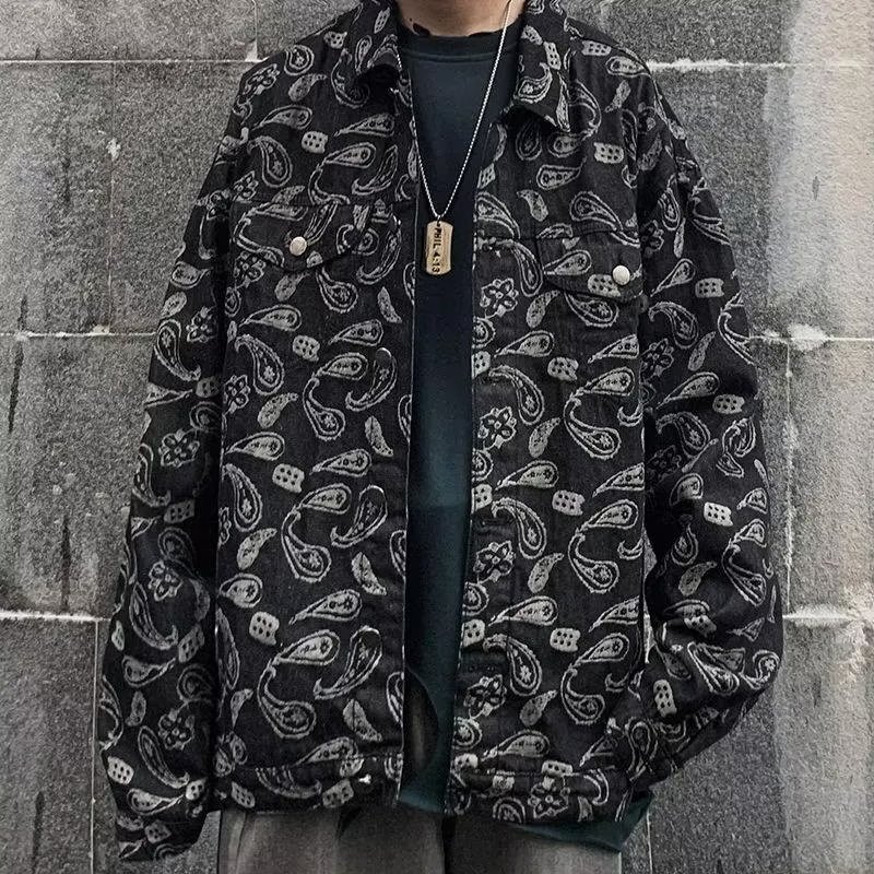 Spring And Autumn Black Jacquard Plaid Denim Jacket