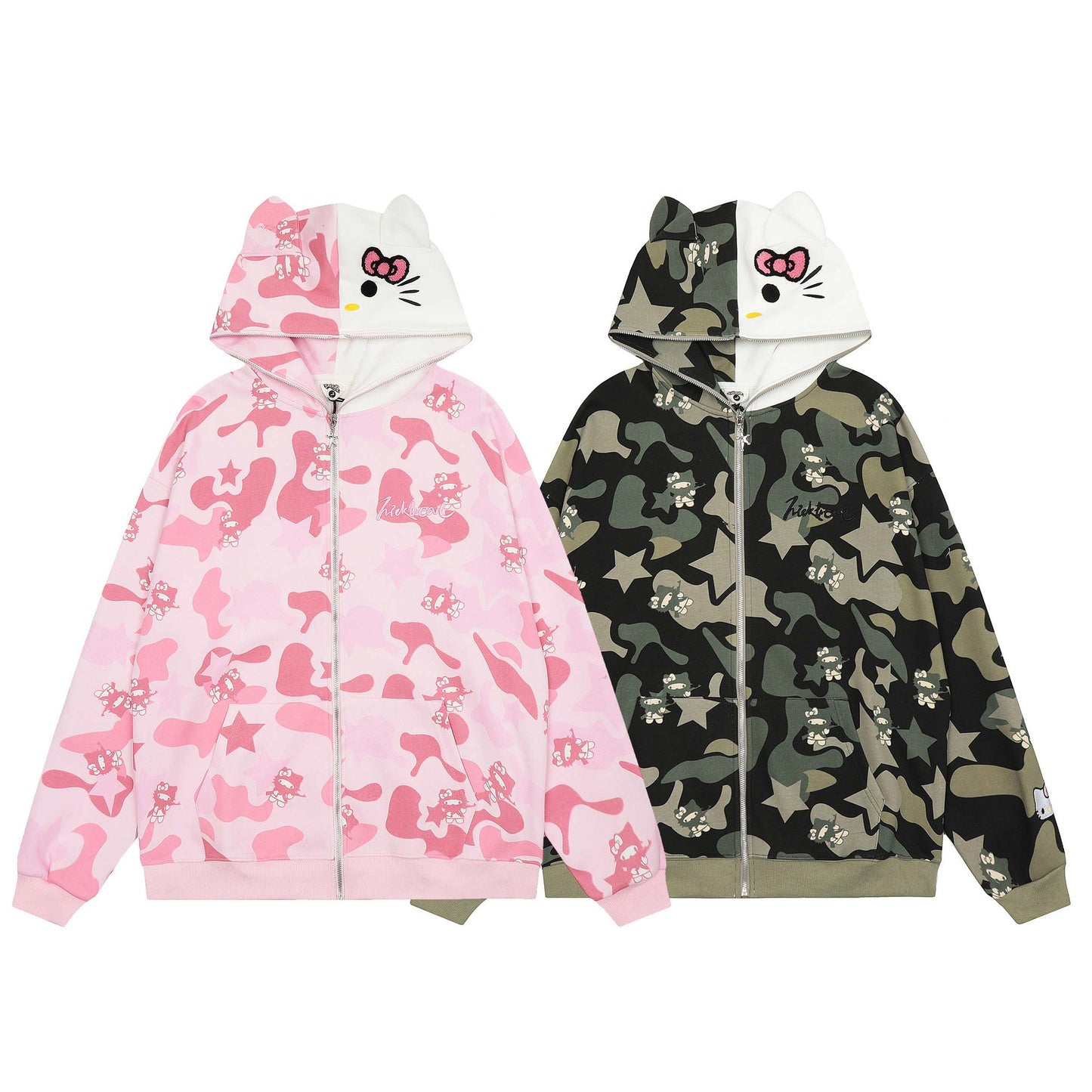 Full Printed Cartoon Cat Letter Embroidery Hooded Cardigan Sweater
