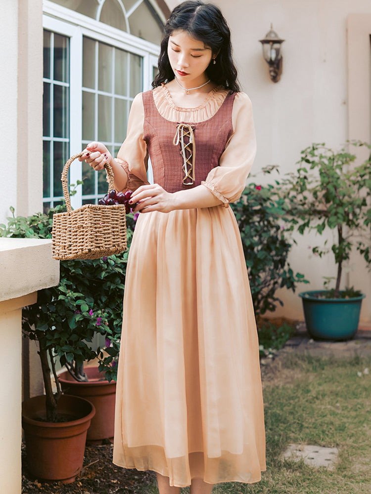 Lace Up Drawstring Fake Two-piece Dress For Women