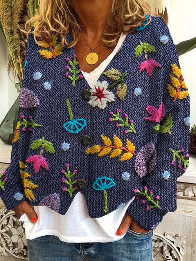 Digital Printing Thick Needle Women's Large V-neck Cardigan Short Long-sleeved Sweater