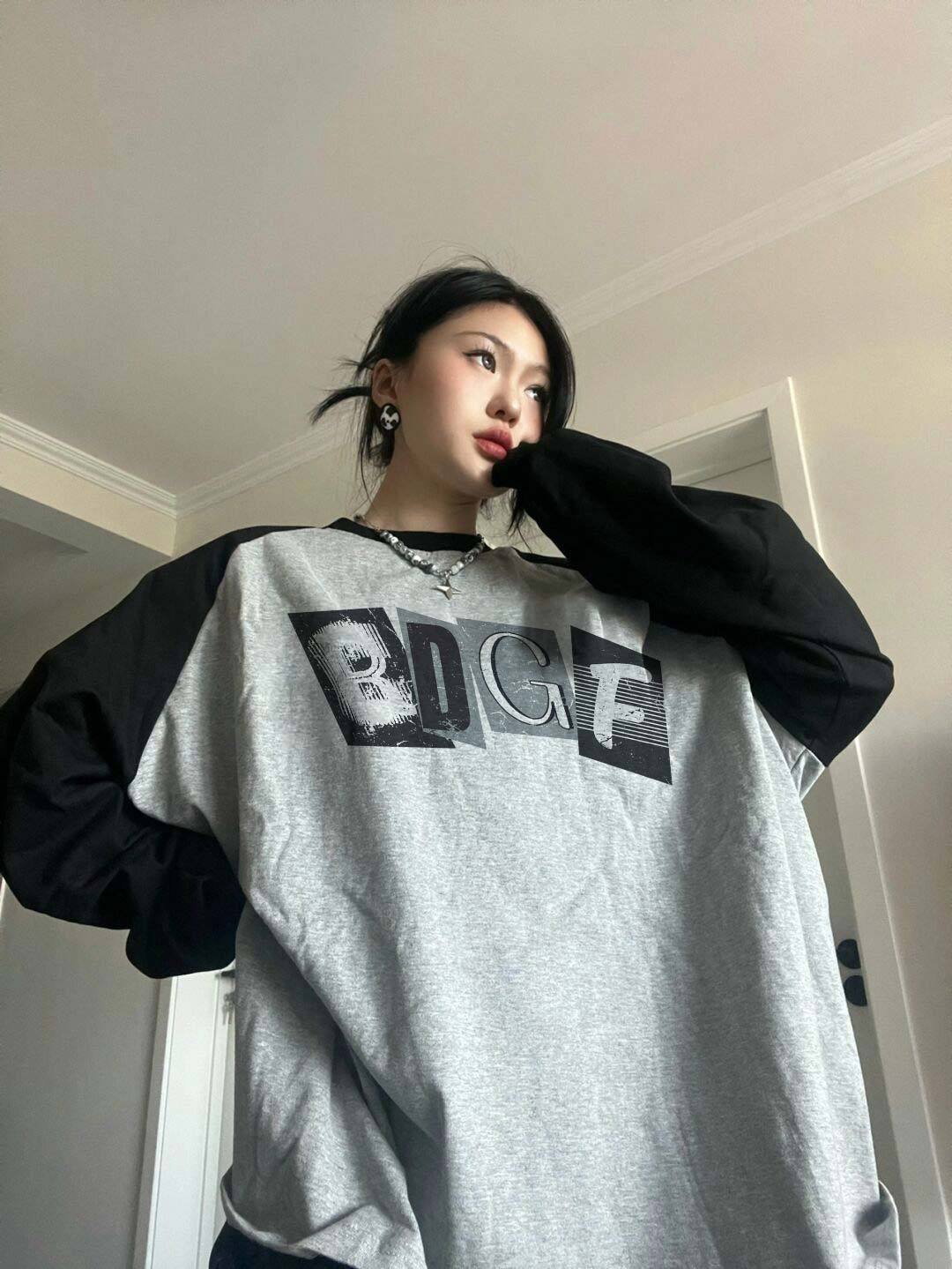 Female Black And Gray American-style Long-sleeved T-shirt Oversize Top