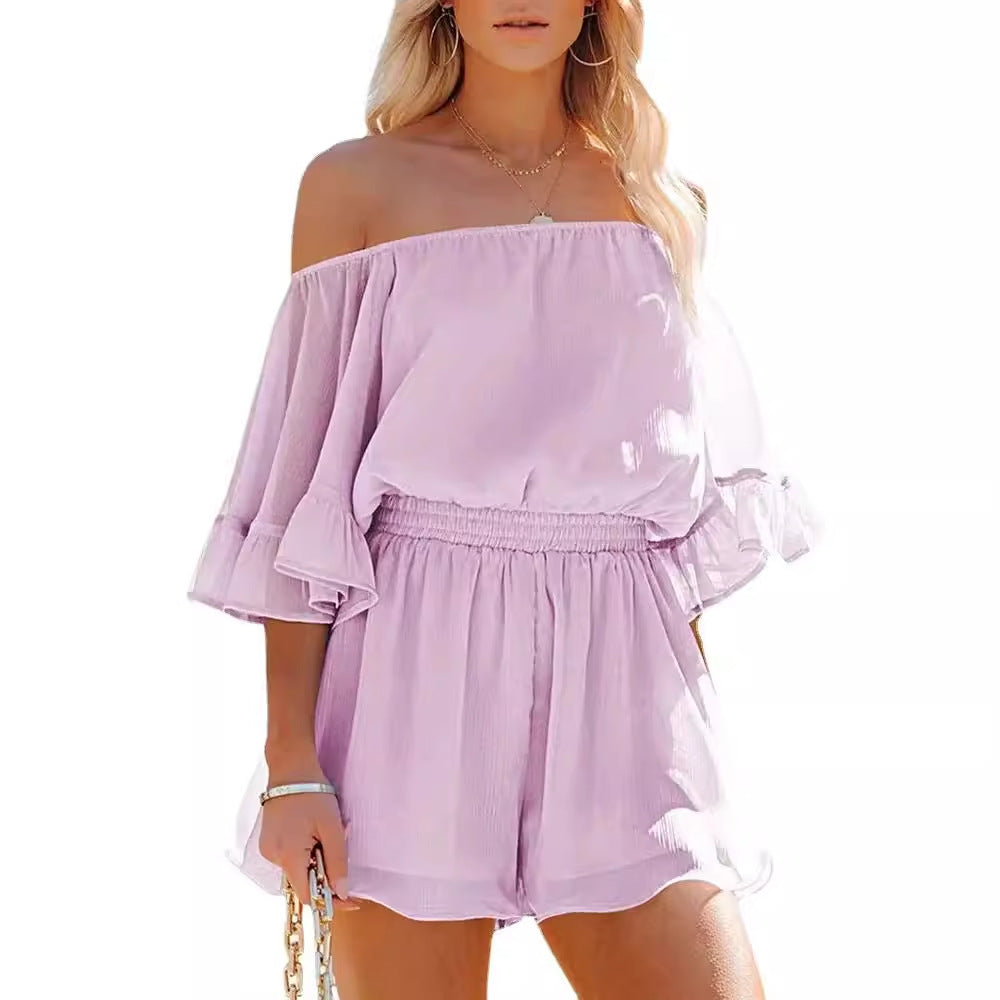 Patchwork Short Sleeve Loose Solid Color Chiffon Jumpsuit