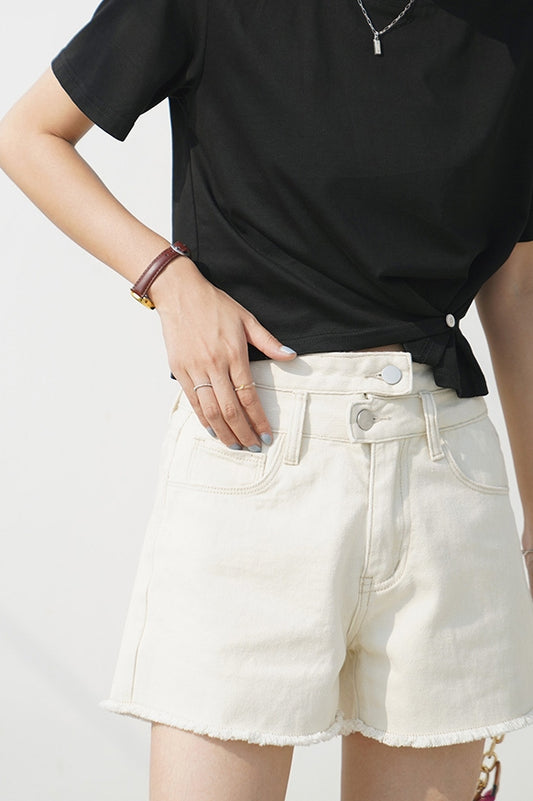 Women's All-match Beige Fringe Denim Shorts