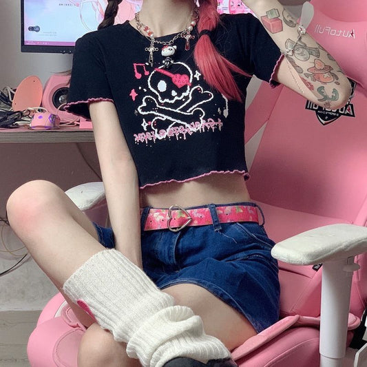 Dark Cartoon Print Crew Neck Short Sleeve Crop Navel T-Shirt