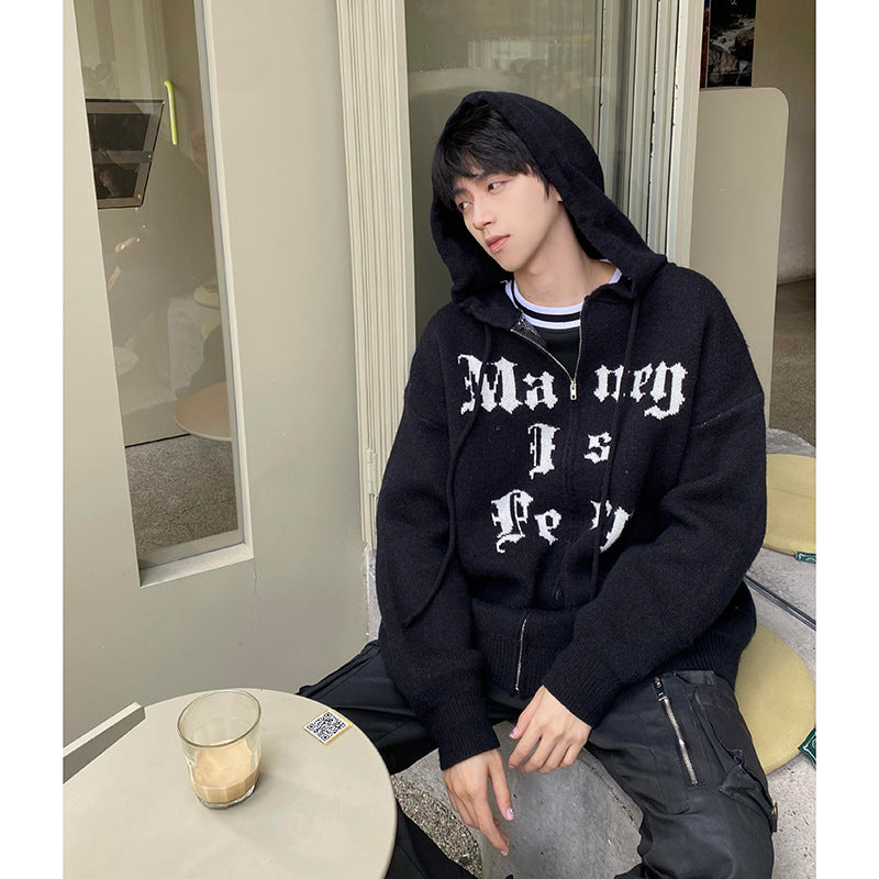 Autumn And Winter Hooded Letter Jacquard Loose Coat For Men