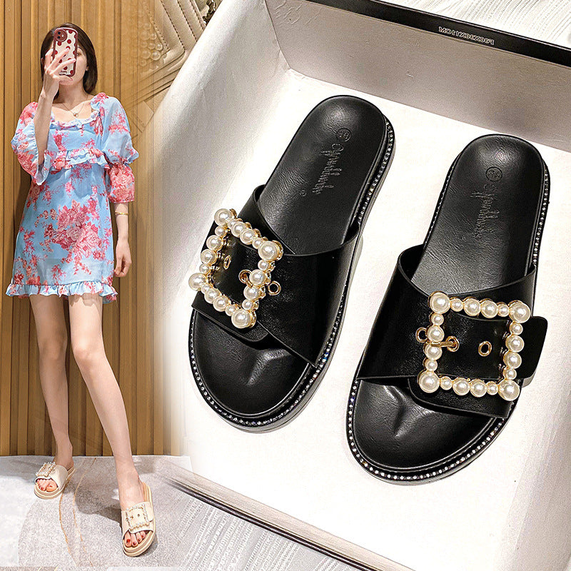 Women's Thick Bottom Rhinestone Square Buckle Toe Slippers