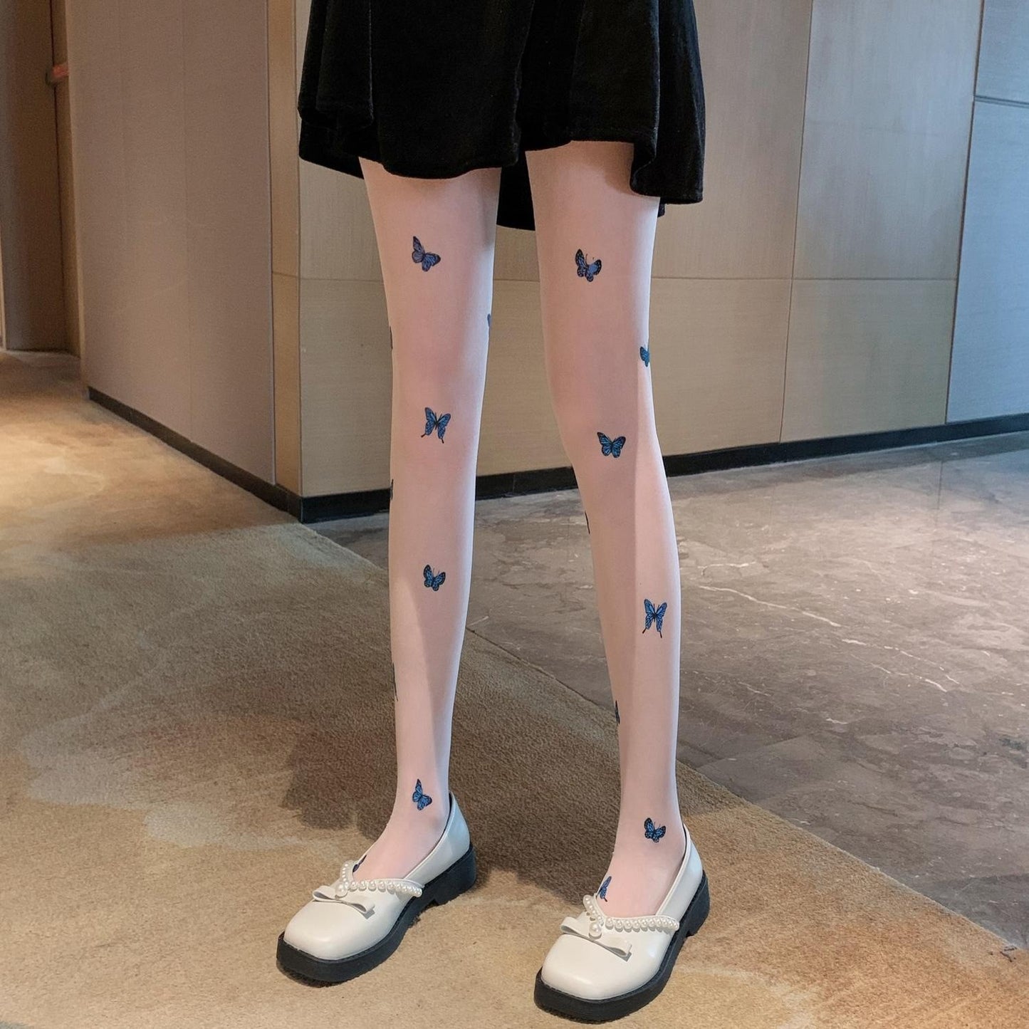Blue Butterfly Stocking Women's Black Blue Butterfly Printed Ultra Thin Pantyhose Thin