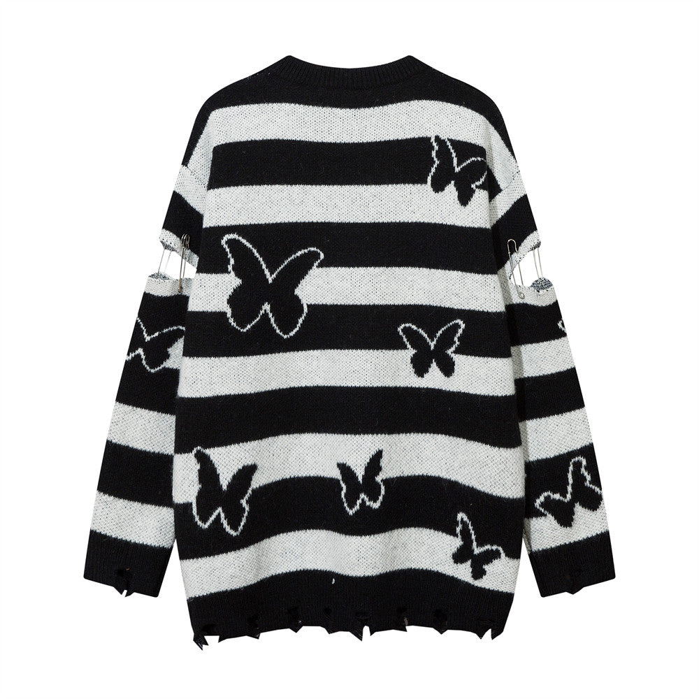 Stribet Kontrastfarvet Sommerfugl Rund Hals Sweater Efterår Og Vinter