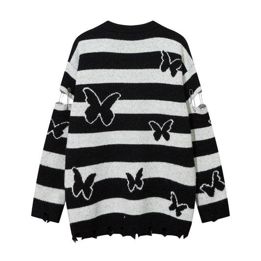 Striped Contrast Color Butterfly Round Neck Sweater Autumn And Winter