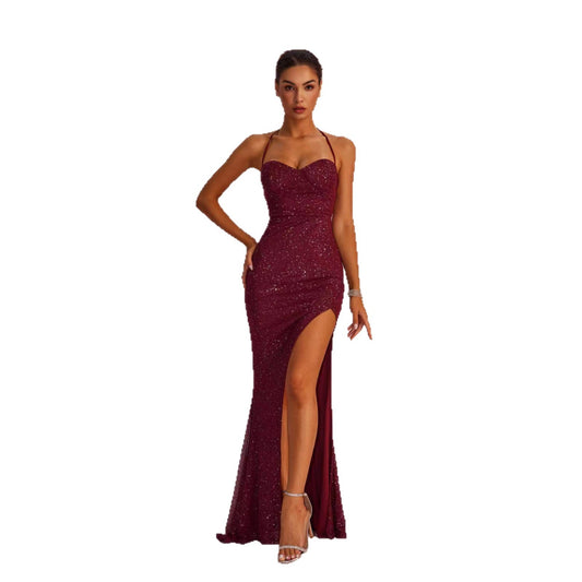 Elegant Formal Solid Color Slim-fit Low-cut Backless Slit Maxi Dress