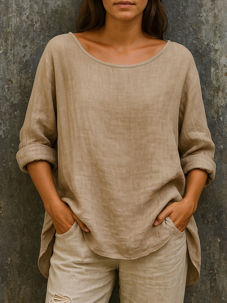 Casual Loose-fit Fashionable Cotton-linen Retro Crew-neck Plus-size T-shirt