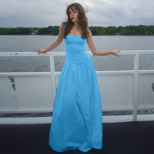 Off-neck Pleated Stitching High Waist Slimming Solid Color Sling Dress