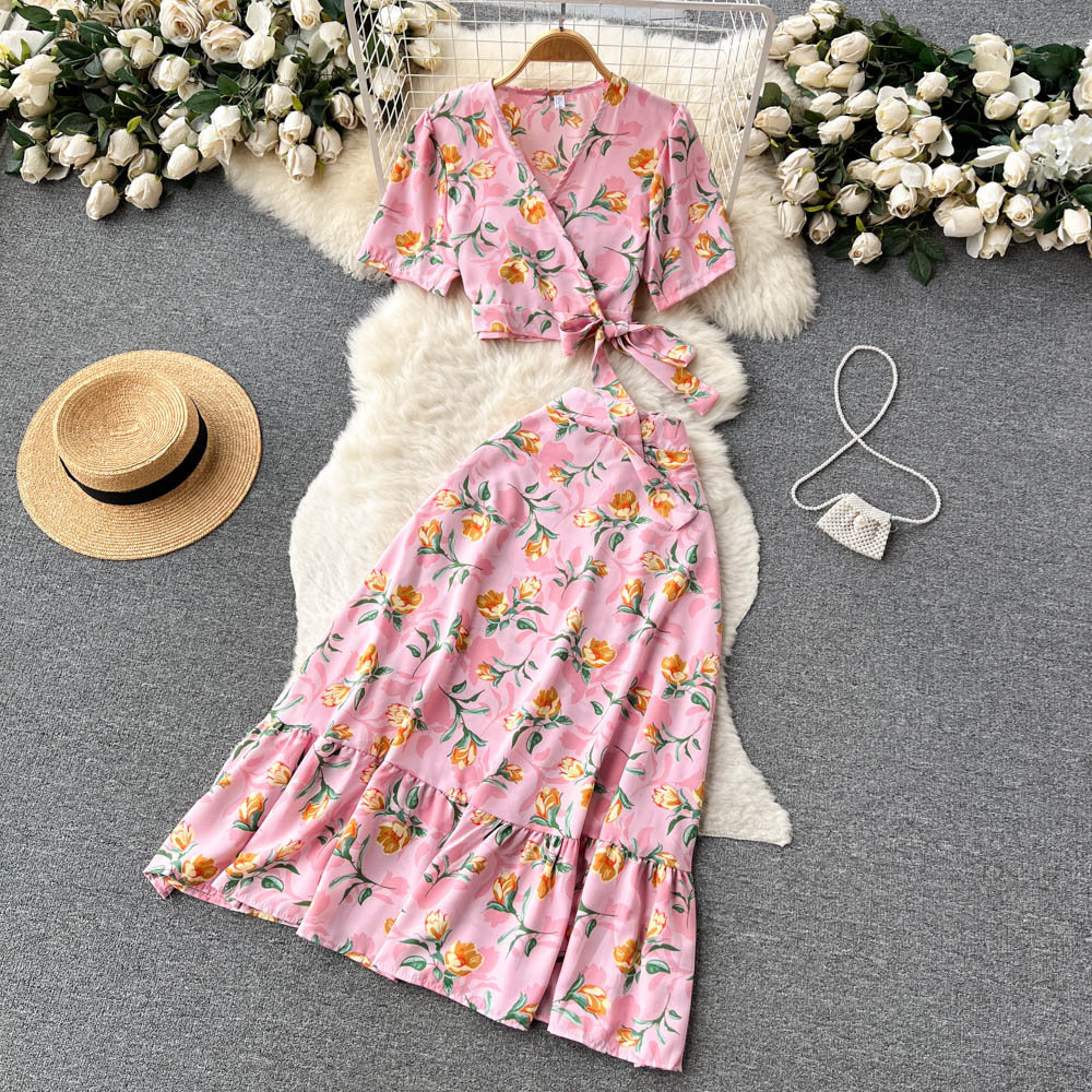 Floral Womens Cross V Neck Strap Crop Top And High Waisted Flared Skirt Two Piece Set