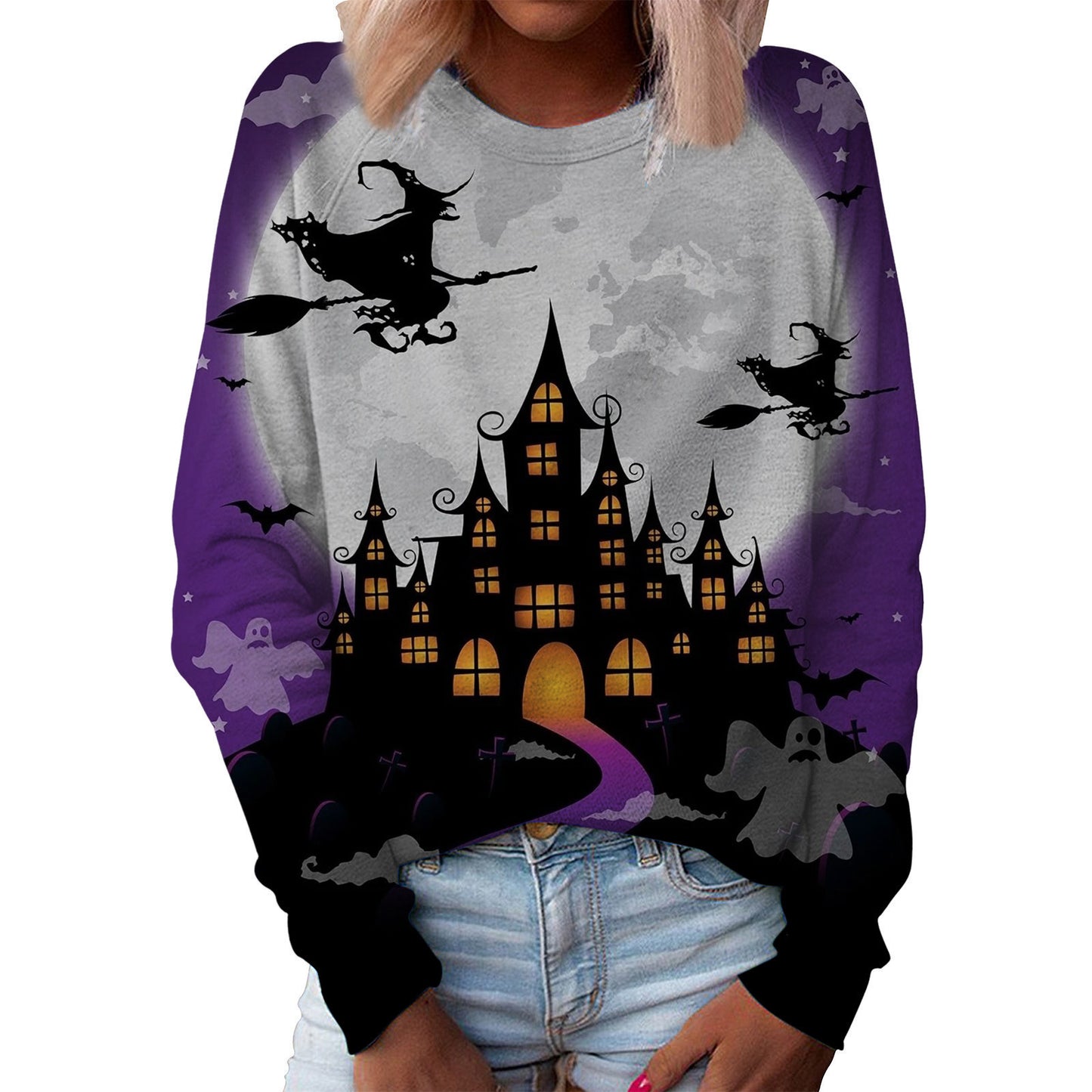 Jul Dame Top Halloween Hoveddel Printet Rund Hals