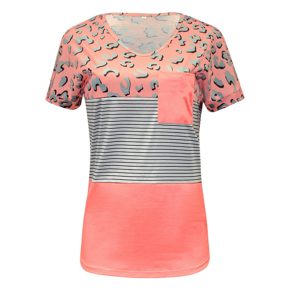 European And American Striped Print Short-sleeved Round Neck Pocket Stitching Casual T-shirt