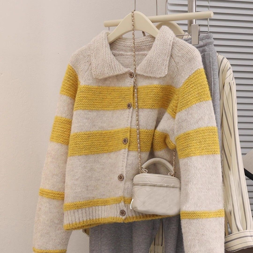 Women's Lapel Stripe Sweater Coat