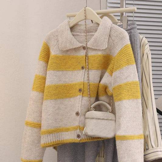 Women's Lapel Stripe Sweater Coat