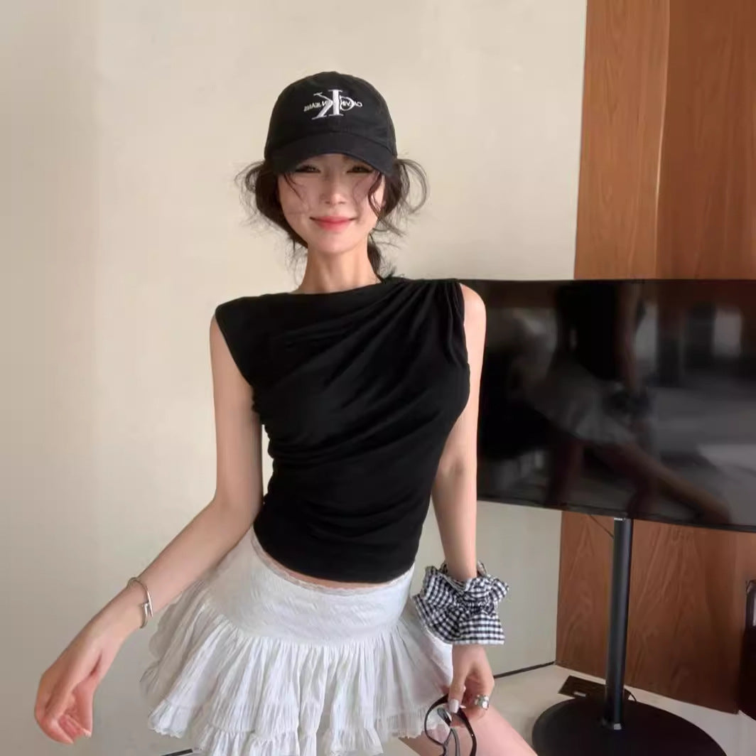 Hot Girl Style Irregular Pleated Slim Sleeveless Vest