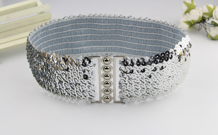 European And American Style Sequins Elastic Waistband Women's A Pair Of Buckles Mirror Fashion Style